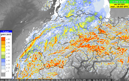Probabilité de dépasser les 70 km/h de rafale entre 12h et 18h. (Image : modèle ICON-CH1-EPS, MétéoSuisse)