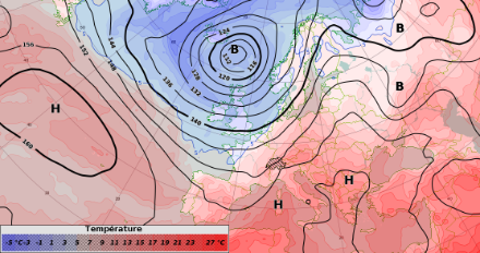 Modélisation de la température à 850 hPa (vers 1500 m) en couleur et de la pression réduite au niveau de la mer en décamètre (isolignes noires). (Image : modèle IFS, ECMWF)
