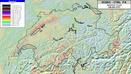 Prévision des rafales de vent à 18h UTC le dimanche 15 juin 2025. (Image : ICON-CH1-EPS, MétéoSuisse)