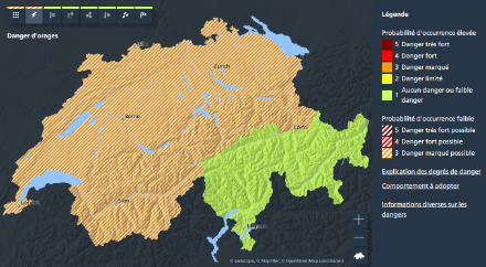 Carte des avis d’intempéries pour le dimanche 15 juin 2025. (Source : MétéoSuisse)
