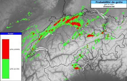 Probabilité de grêle inférée par réflectivité radar le 15 juin 2025. (Image : MétéoSuisse)