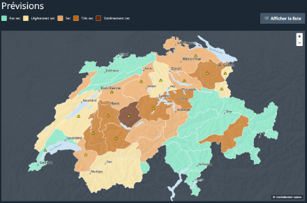 La plateforme nationale sur la sécheresse (www.secheresse.ch) fournit des informations sur la situation actuelle et des prévisions pour chaque région d’alerte.
