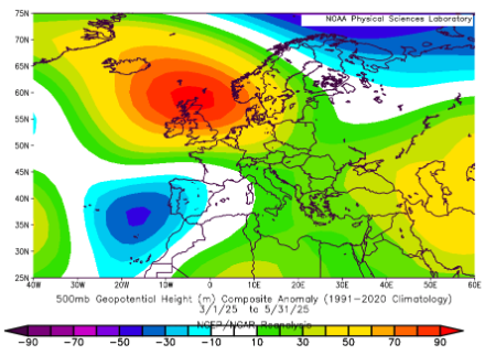 Figure 1. Anomalie de géopotentiel à 500 hPa (en décamètres) du 1er mars au 31 mai 2025 par rapport à la moyenne 1991-2020 sur la même période. 