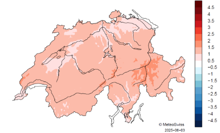 Figure 2. Écart (en °C) à la période de référence 1991-2020 de la température moyenne pour le printemps météorologique 2025