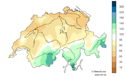 Figure 4. Répartition spatiale des sommes de précipitations durant le printemps météorologique 2025, représentée en % de la période de référence 1991-2020.