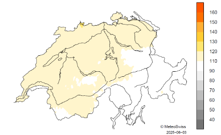 Figure 5. Répartition spatiale de l’ensoleillement pour le printemps météorologique 2025, représentée en % de la période de référence 1991-2020.
