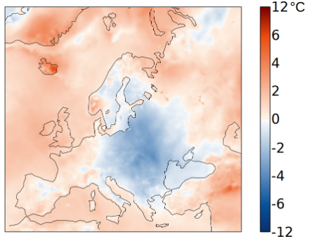Figure 2 : Distribution de la température en mai 2025 en Europe ; écart à la moyenne 1991-2020. Copernicus Climate Change Service / ECMWF.