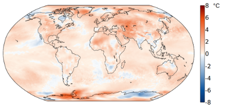 Figure 4 : Distribution spatiale de la température moyenne du printemps 2025 ; écart à la moyenne 1991-2020. Source : Copernicus Climate Change Service/ECMWF.