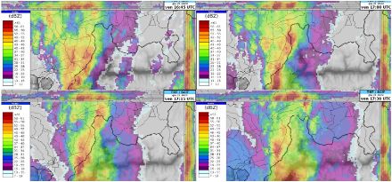 Fig. 2. Réflectivité maximale du radar à quatre moments différents en fin d'après-midi / soirée du 21 juin 2024, pendant lesquels de violents orages ont sévi dans le Moesano. En raison de la ligne orageuse avec des cellules régénératrices, pendant une période d'environ 70 minutes, entre 18h30 et 19h40 (heure locale), les intensités de pluie ont été constamment très élevées. Source : MétéoSuisse