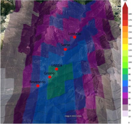 Fig. 3. Accumulation de pluie CombiPrecip sur 80 minutes, entre 18h40 et 20h00 (heure locale) le 21 juin 2024. Image : Google Earth, MétéoSuisse