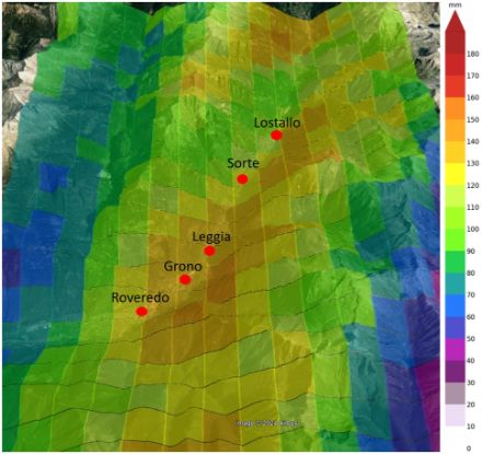 Fig. 4. Accumulation de pluie CombiPrecip sur 14 heures, entre 8 h et 22 h (heure locale) le 21 juin 2024. Image : Google Earth, MétéoSuisse