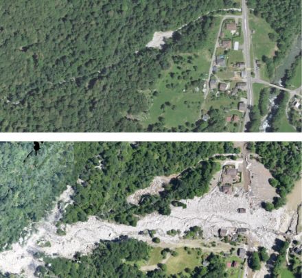 Fig. 2. Comparaison avant/après, édifiante, montrant l'étendue des dégâts dans le hameau de Sorte.