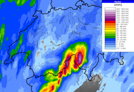 Figure 3. Cumuls de pluie au cours de l’événement selon CombiPrecip (mesures radar et pluviomètres). 