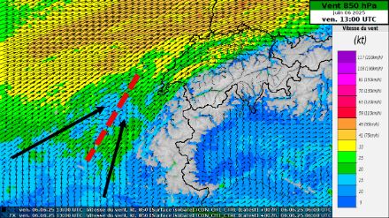 Carte des vents vers 1500 m le vendredi 6 juin 2025 à 13 h UTC.