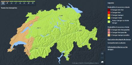 Carte des dangers de MétéoSuisse pour la soirée et la nuit du vendredi 6 juin 2025