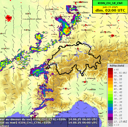 Incertitude concernant l'organisation et la progression des averses et orages pendant la nuit. Comparaison de deux scénarios d'ICON