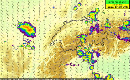 Modèle ICON-1 du 14.06 06h00 UTC  - zone d'averses et d'orage possibles samedi soir .
