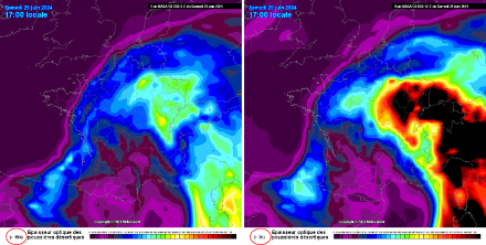 Figure 4. Prévisions de concentrations en poussières sahariennes, modèle NASA/GEOS5 pour samedi 29.06.2024 à 17h loc. À gauche le modèle du 29 à 0 UTC ; à droite le modèle du 29 à 12 UTC recalé à partir des observations. En simplifiant un peu : « à gauche la prévision, à droite la réalité ». 