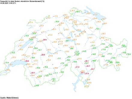 Fig. 2 : les températures du point de rosée étaient particulièrement élevés ce lundi 30 juin 2025 dans les basses couches de l'atmosphère.