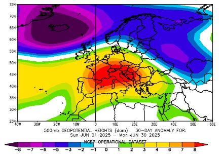 Figure 1. Anomalie de géopotentiel (en décamètres) en juin 2025 par rapport à la moyenne 1991-2020 sur la même période.