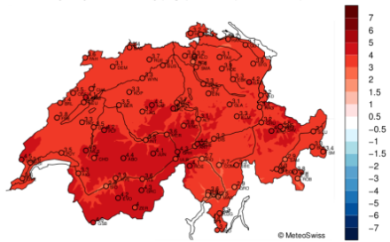 Figure 3. Ecart à la période de référence 1991-2020 de la température moyenne en juin 2025. 