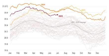 Figure 4. Température quotidienne de la surface de la mer (en °C) moyennée sur l'océan mondial en dehors des régions polaires (60°S-60°N) pour 2023 (jaune), 2024 (orange) et 2025 (rouge foncé). Toutes les autres années entre 1979 et 2022 sont représentées par des lignes grises. La moyenne journalière pour la période de référence 1991-2020 est représentée par une ligne grise en pointillés. 
