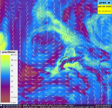 Figure 2. Précipitations (en couleurs) et vent (flèches avec barbules) à 700 hPa le dimanche 20 juillet à 21 UTC, modélisés par le modèle IFS. (Source : ECMWF/MétéoSuisse)