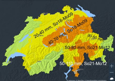 Figure 3. Carte d'alerte pour pluie de niveau 2 (jaune) et de niveau 3 (orange).