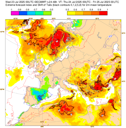Figure 4. Extreme Forecast Index (EFI) pour la température moyenne prévue le jeudi 24 juillet 2025. Les zones en rouge montrent des températures largement supérieures à la climatologie du modèle, les zones en bleu montrent des températures largement inférieures à la climatologie du modèle. 
