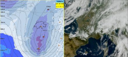 A gauche, température (en couleur) et géopotentiel de 500 hPa (isolignes noires),  (modèle ECMWF CTRL pour samedi 25.07 à 11h locales). A droite, image satellite visible (MTG, samedi 26.07 à 11h locales). On distingue la masse nuageuse sur le nord de l’Italie, entraînée par la dépression d’altitude de l’est vers l’ouest de la Suisse.