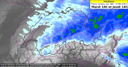 Médiane des quantités de précipitations sur 48h issue du modèle ICON-CHE2 entre mardi 14h et jeudi 14h. 