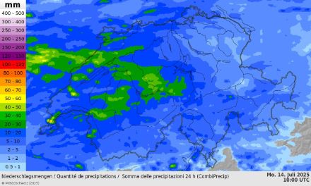 Cumuls de précipitations mesurés par nos radars sur 24h entre dimanche midi et lundi midi. 