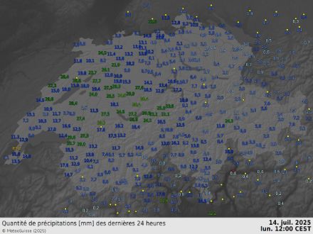 Quantités de précipitations mesurées par nos stations pluviométriques entre dimanche midi et lundi midi. 