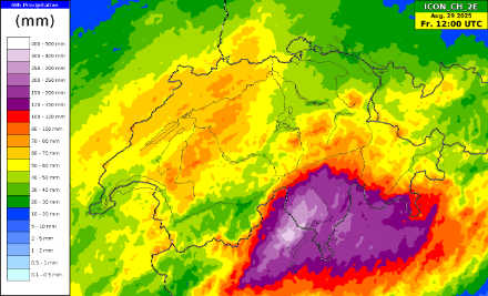 Median 48h Niederschlagssumme zwischen Mittwoch 14 Uhr Lokalzeit und Freitag 14 Uhr Lokalzeit gemäss dem Wettermodell ICON-CH2-EPS. 
