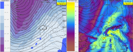 Situation météorologique jeudi matin à 8 heures, heure locale, selon le modèle global IFS HRES. À gauche : température et géopotentiel à 500 hPa. À droite : eau précipitable et pression atmosphérique au niveau de la mer. La Suisse se trouve à l'avant d'un creux barométrique sur l'Europe occidentale, dans un courant sud-ouest humide et instable. Une dépression de petite taille au-dessus de la Méditerranée occidentale amène de l'air méditerranéen très humide vers le versant sud des Alpes. Sur le versant sud des Alpes, l'eau précipitable atteint des valeurs très élevées de l'ordre de 50 mm.