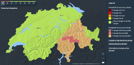 Carte des dangers du lundi 25.08 pour le jeudi 28.08.2025 avec des préavis de fortes précipitations de degrés 3 et 4.