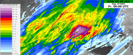 Modèle ICON-CH2-EPS du 26/08/25 00 UTC : cumul des précipitations sur 36 heures de jeudi 00 UTC jusqu'à vendredi 06 UTC. Source : ECMWF, MétéoSuisse