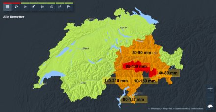 Carte d'alerte émise ce mardi 26.08.25 vers 11 h, et cumuls de pluie prévus dans les régions averties