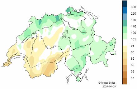  Répartition spatiale des sommes de précipitations durant l'été 2025.