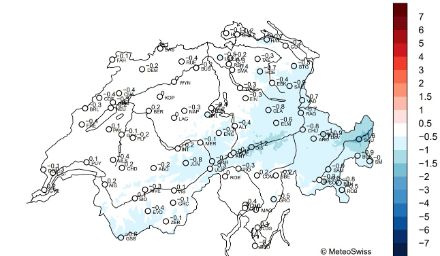 Carte de l'écart à la période de référence 1991-2020 de la température moyenne en juillet 2025.