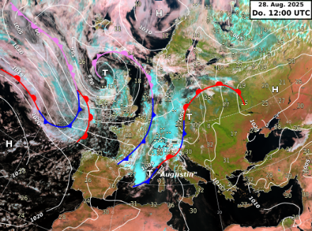Figure 1 : Image satellite et carte météorologique au sol du jeudi 28 août 2025 à 14 h locales.