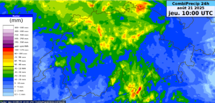 Carte des sommes des précipitations sur 24h obtenues à partir des réflectivités du radar combinées aux mesures des stations automatiques au sol.