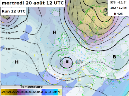 Situation synoptique à 500 hPa, vers 5000 m le 20 août avec la dépression Lukas signalée par le B sur la France.