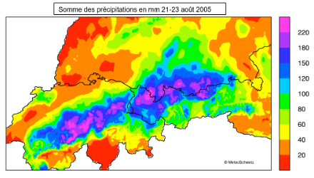 Somme des précipitations sur 72h entre le 21 et 23 août 2005