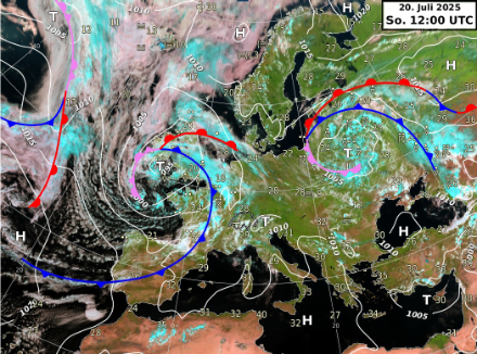 Fig. 1. Carte météorologique au sol, situation à 12 UTC le 20 juillet 2025. On voit clairement le front froid lié à la dépression centrée sur le Royaume-Uni qui s'approche des Alpes par l'ouest.