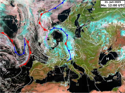 Fig. 2. Carte météorologique au sol, situation à 12 UTC le 21 juillet 2025. Le front froid s'est éloigné de la Suisse vers l'est, le versant nord des Alpes est affecté par un courant d'ouest moins humide mais encore instable, tandis qu'au Sud des Alpes, la masse d'air est plus stable et plus sèche.