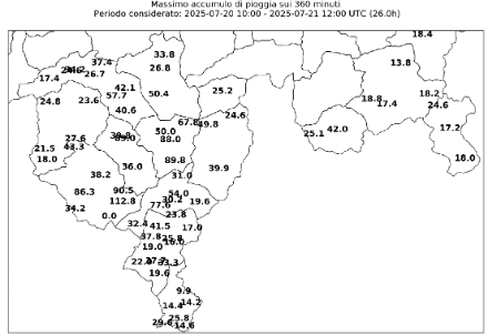 Fig. 4. Accumulations pluviométriques maximales sur 6 heures relevées entre le 20 et le 21 juillet 2025.