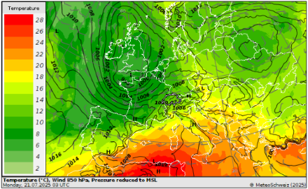 Fig. 5. Répartition de la pression au sol (réduite au niveau de la mer selon l'atmosphère standard) et de la température à 850 hPa (environ 1500 mètres), analyse du modèle ECMWF-IFS du 21 juillet 2025 à 03 UTC, au moment de la formation de la ligne de convergence des orages. Le gradient de pression et le gradient thermique sur le versant Sud des Alpes et dans la plaine du Pô sont relativement faibles, raison pour laquelle le courant dans les basses couches n'a pas été particulièrement intense.