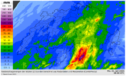 Fig. 5. Accumulation maximale sur 12 heures entre le 20 et le 21 juillet 2025 (intervalle 18 – 06 UTC, selon l'algorithme CombiPrecip (combinaison de mesures pluviométriques et radar).