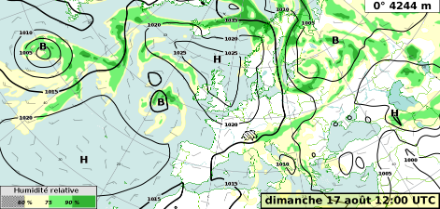 Prévision de la pression réduite au niveau de la mer pour dimanche 17 août à 14h. 